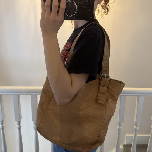 Y2K vintage leather shoulder bag buckle light brown large grommet work school - Picture 8 of 10