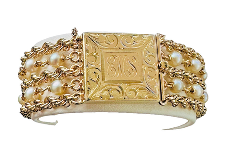 Graviertes EMS 14k Gold 3,7 mm Akoya Perle fünf Strang Seil Kette Armband 7" - Bild 1 von 12