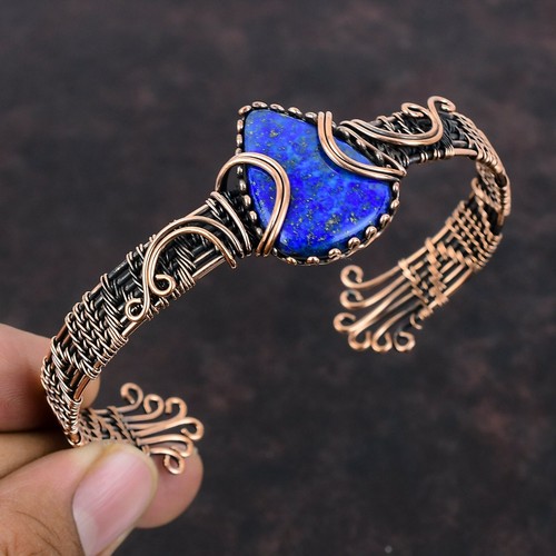 Gift For Her Natural Lapis Lazuli Bangle Wire Wrapped Adjustable Unknown Copper - Picture 2 of 6