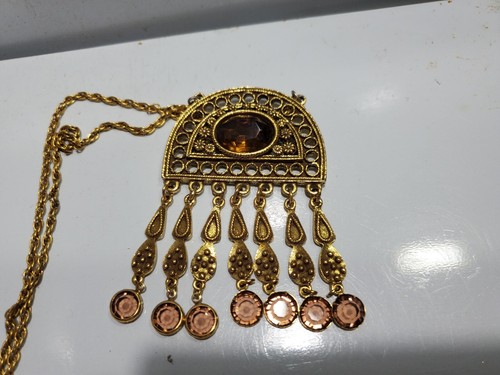 Collier Pendentif Cabochon Ambre Style Goldette Vintage Or 5425/10 - Picture 6 of 17