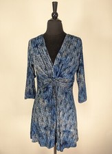 Dunia Blue Black Geometric Tie Dye 3/4 Sleeve V-Neck Fit Flare Dress Size S