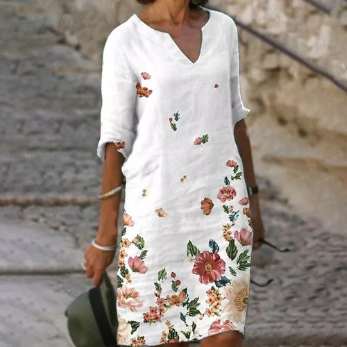 Damen V-Ausschnitt Blumen Kurzarm Midikleid Damen Freizeit Baggy Kaftan Kleider - Bild 4 von 10