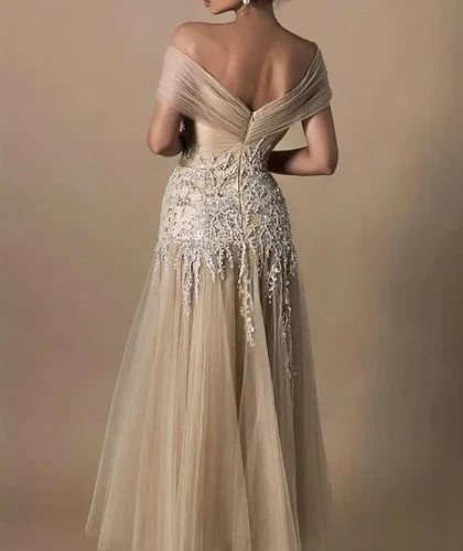 Modest Champagne Tulle Tea-Length Mother of the Bride Dresses Evening PartyDress - Picture 4 of 9