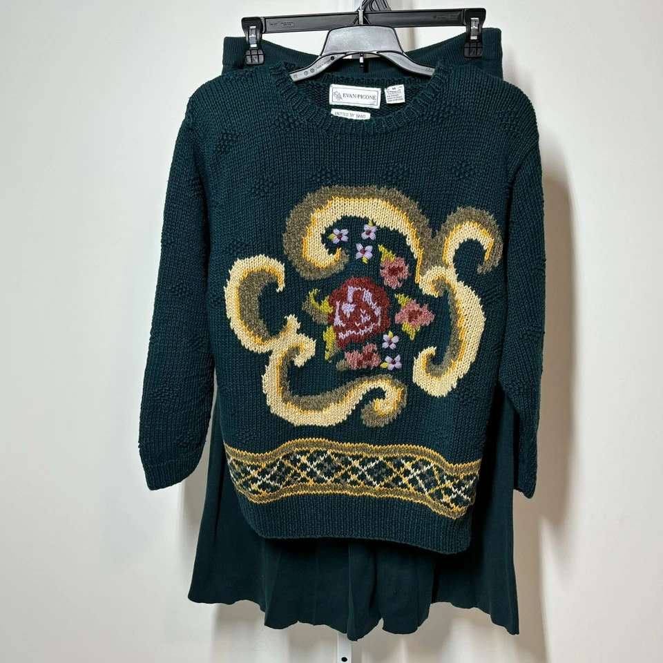 Antigo combo de suéter e saia de malha Evan Picone verde escuro tamanho M - Imagem 2 de 4