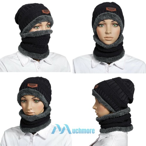 Men's Winter Beanie Hat & Scarf Set Warm Fleece Knitted Cap Unisex Snow Ski Cap - Picture 12 of 18