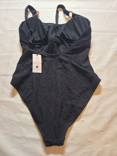 Women's Square Neck Pucker High Leg One Piece Swimsuit Shade & Shore Black M - Picture 2 of 7