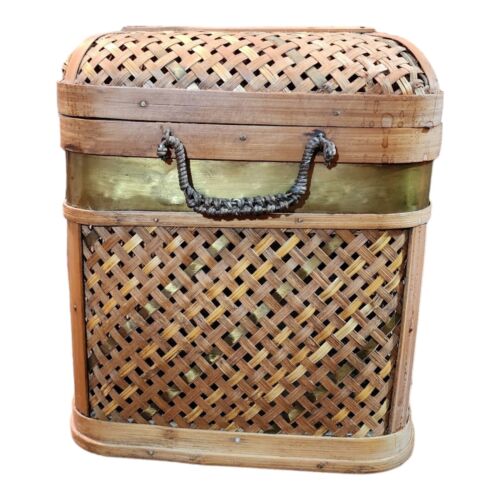 Vtg Wicker Rattan Wood Trunk Storage Chest Brass Hinged Boho 14"w x 11"t x 9"d - Picture 6 of 16