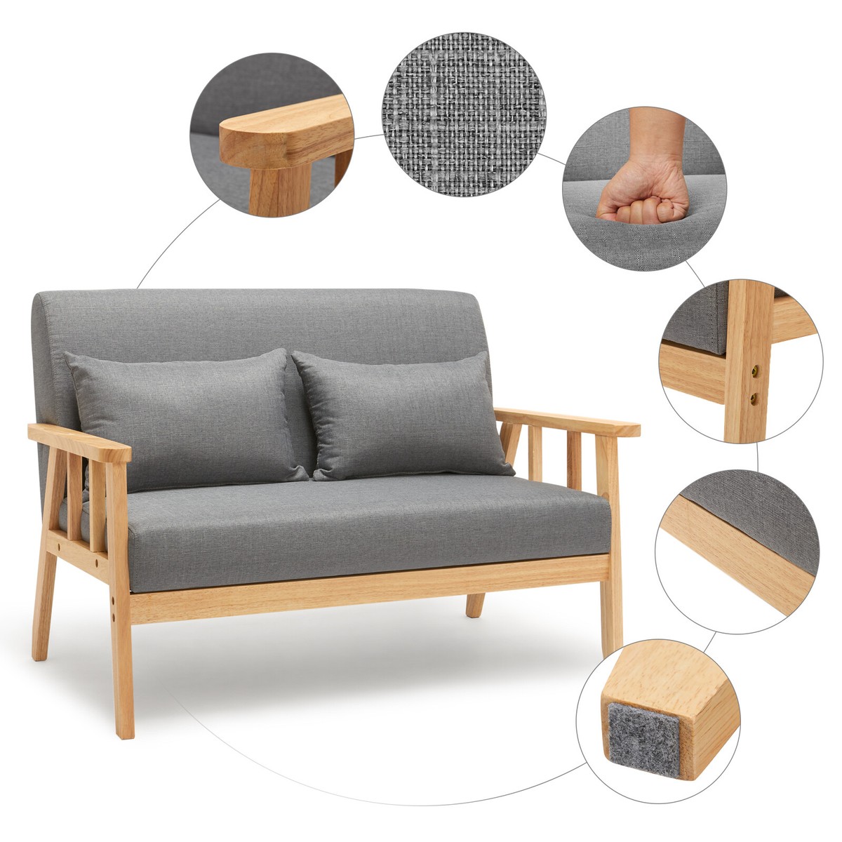 Mondeer 2 Seater Armchair Couch Sofa Wooden Fabric Linen w cushion Lounge Grey