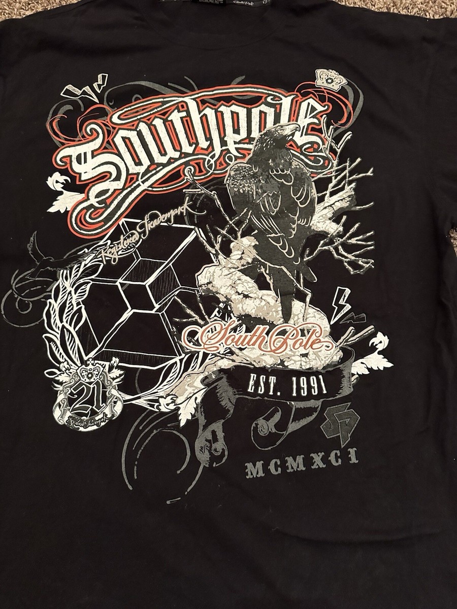 Rare Vintage Y2K Southpole Black T Shirt Black Crowe Orange White