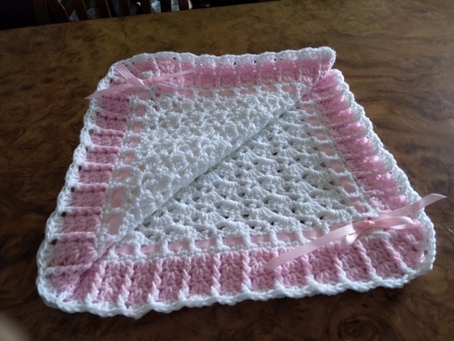 Handmade NEW crochet baby blanket White w/Pink trim & ribbon Afghan Shells Sq. - Picture 7 of 8