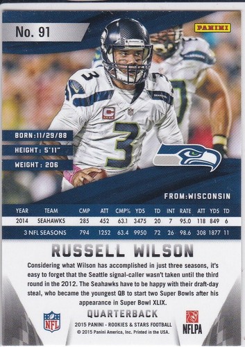 Tarjeta de fútbol americano Russell Wilson Rookie Star R&S VARIACIÓN LONGEVIDAD Seattle Seahawk - Imagen 2 de 2