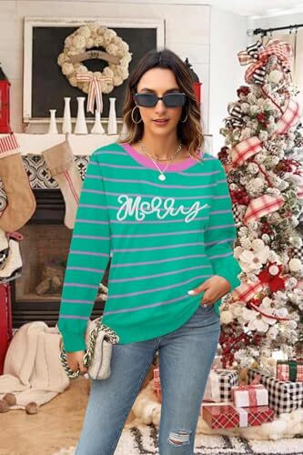 Merry Christmas Sweaters for Women Colorful Striped Sweater Xmas Medium Green - Picture 5 of 6