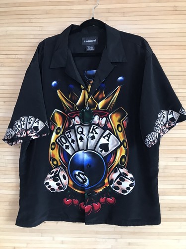 Vintage 90's No Bounderies Mens Club Shirt Vegas Large Black 8 Ball Dice Cards - Picture 3 of 4