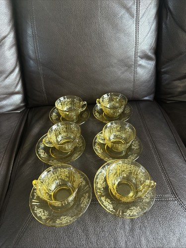 VTG Amber Federal Glass Sharon Cabbage Rose Coffee Tea Cup & Saucer Sets X 6 - Picture 2 of 22