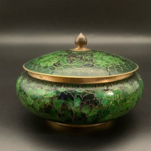 Chinesische Cloisonne Schale mit Deckel Emaille über Messing grün Champleve Blumenblatt - Bild 2 von 16