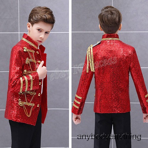 Kids Boys Shiny Sequin Chains Blazer Jacket Coat Party Hussar Uniform Army Style - Picture 2 of 18