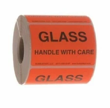 Glass Handle With Care Roll of 500 3" x 2" Red Sticker Labels Free Shipping