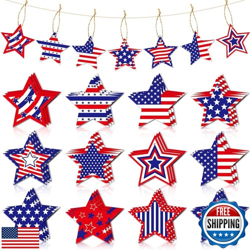 24 Pcs Independence Day Hanging Ornaments Red White Blue Star Ornament with R
