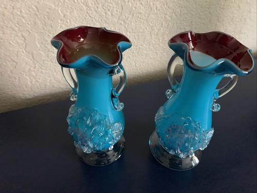 2 Vintage Stevens & Williams Ruffled Hand-Blown Applied Vase Turquoise/Red 6.5" - Picture 12 of 13