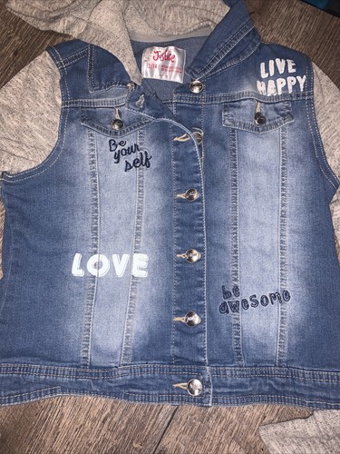 Justice 80’s style girls sz 12 14 Live Happy sweatshirt crop jean jacket hoodie - Picture 2 of 6