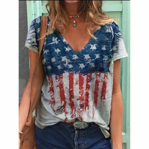 Women's Patriotic T-Shirt USA Flag Print 4th of July V-Neck Short Sleeve Top - Picture 33 of 54
