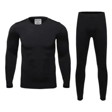 Mens Ultra-Soft Fleece Lined Thermal Base Layer Top & Bottom Set - Black, S