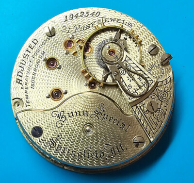 VINTAGE 18 SIZE ILLINOIS 21 JEWEL BUNN SPECIAL MODEL POCKET WATCH PARTS 