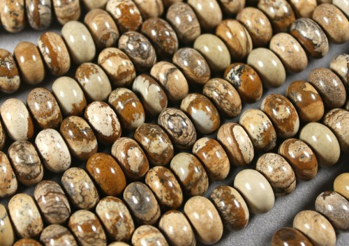LANDSCAPE PICTURE JASPER 6 x 10MM RONDELLE BEADS 8" STR BROWN TAN - Picture 2 of 2