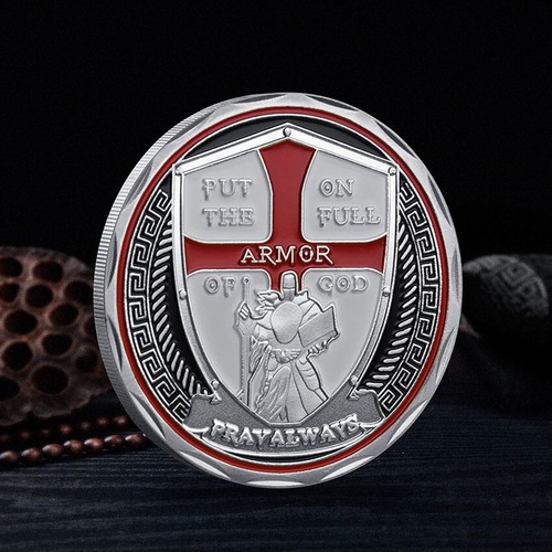 Silver Plated Put On the Full Armor of God knight Challenge Coin Pray Always - Picture 2 of 5