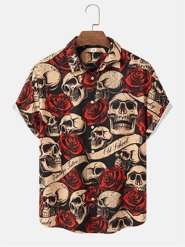 Summer Casual 3D Skull Men's Hawaiian Shirt Short Sleeve Loose Fit Polyester Fib - Picture 99 of 118