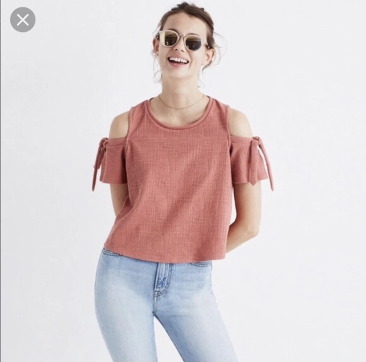 Madewell Tie Cold Shoulder Blouse Size L Pink Textured Top Skylark