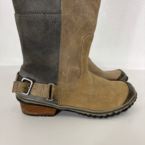 Sorel Tan Leather & Grey Suede Tall Riding Winter Boots Women's Size 6.5 - Picture 8 of 14