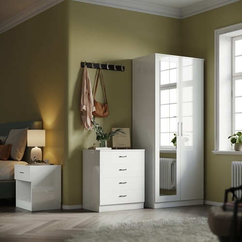 White 2 Door High Gloss Wardrobe Bedroom Furniture Storage with Hanging Rail - Picture 9 of 13