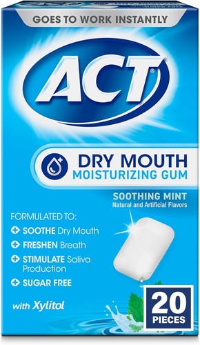 ACT Dry Mouth Moisturizing Gum, 20 Pieces, With Xylitol, Sugar Free Soothing - Picture 1 of 6