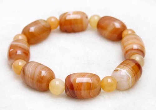 12*16mm Barrel Shape Brown Striped Agate and 6mm Orange Agate 7.5'' Bracelet-421 - Picture 5 of 20