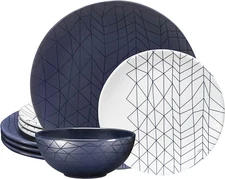 12 Piece Melamine Dinnerware Set - Durable, Dishwasher Safe Plates and Bowls - D