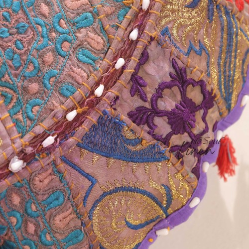 Large 32" Round Boho Patchwork Floor Pillow Cover Purple Tasselled Cushion Case - Picture 7 of 9