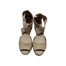 Tory Burch Wedge Sandals 7M Espadrilles Tan Beige Metallic Casual Strappy