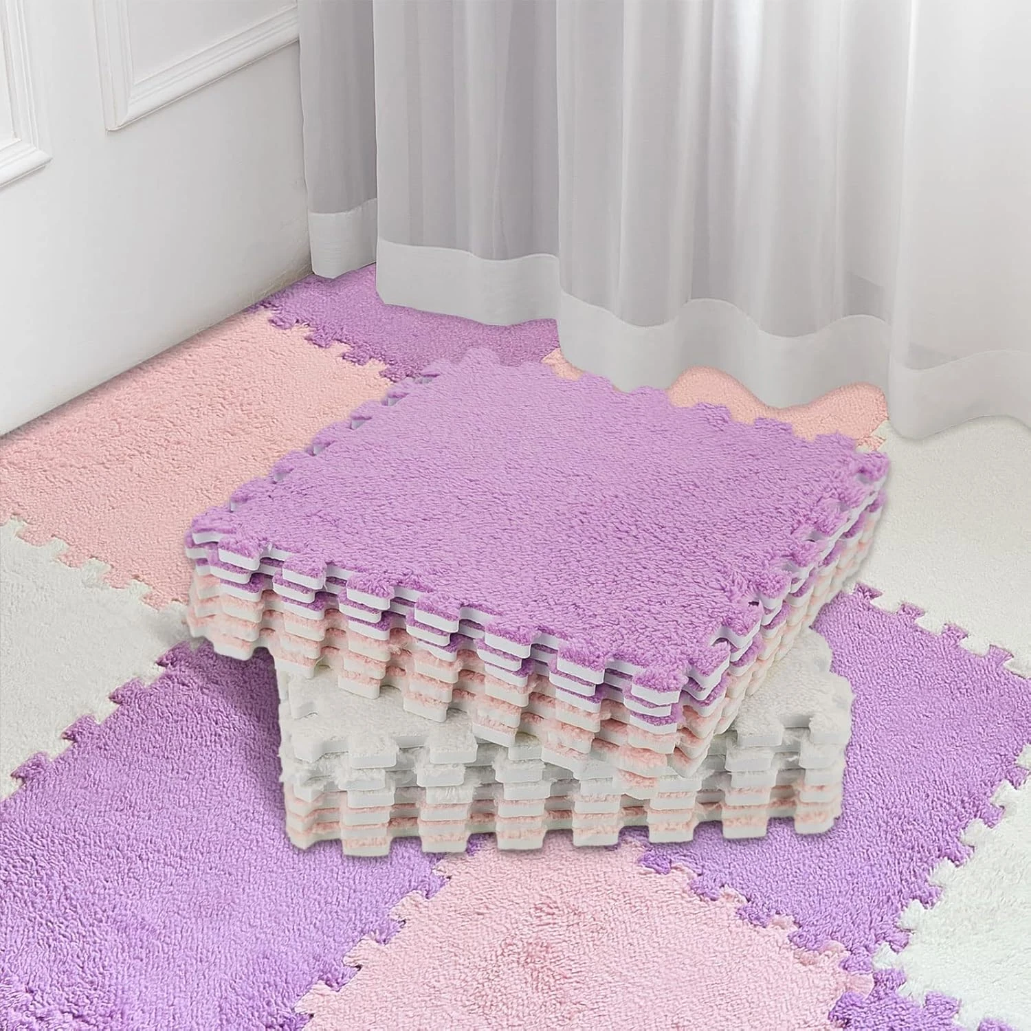Fluffy 72-Piece Foam Floor Mat Set - Soft Interlocking Playroom Tiles in Pastels