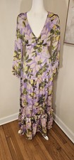 Purple Floral Long Sleeve Maxi Dress with Ruffle Hem Cut Out V-Neck Zip