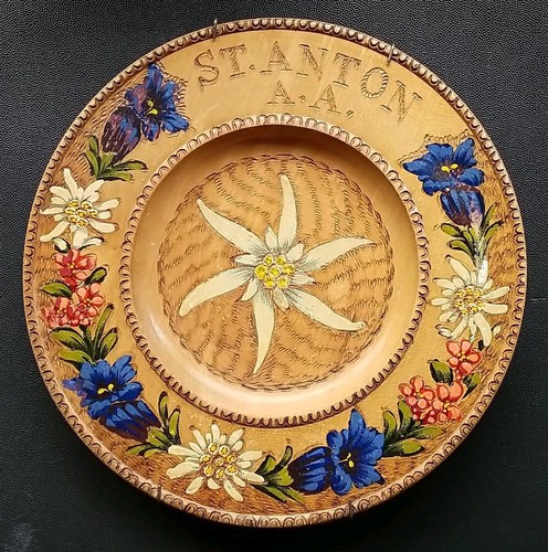 Vtg Austria St Anton Wooden Souvenir Plate Flowers Pyrography EDELWEISS GENTIANA - Picture 10 of 10