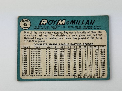 1965 Topps Roy McMillan #45 New York Mets - Low Grade - Picture 2 of 2
