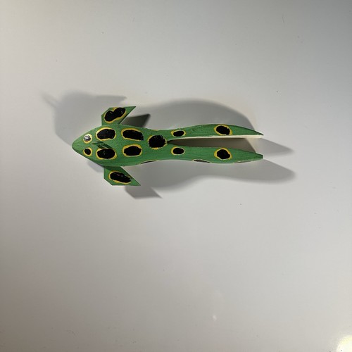 Vintage Hand-Carved Wooden -Fishing Decoy –Metal Fins – Folk Art- Frog Style