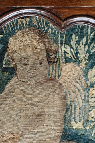 Tapisserie d'Aubusson 18ème, putto, verdure, cadre bois sculpté, tapestry 18th - Foto 3 di 5