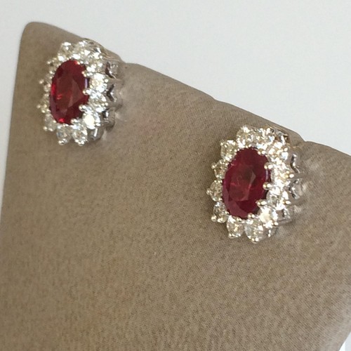 Elegant 18K White Gold Halo Earrings | Oval Rubies & White Diamonds - Picture 2 of 7