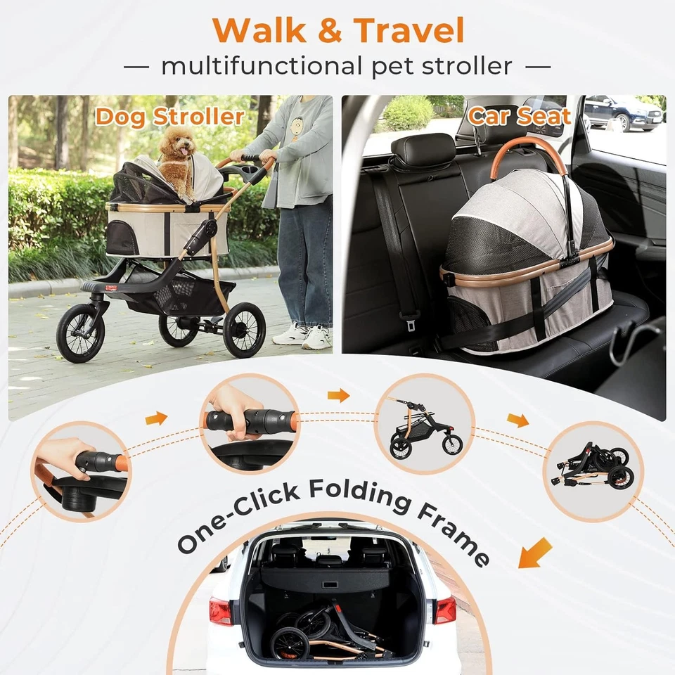 3-Wheel Foldable Pet Stroller Premium Large Dog Stroller with Detachable Carrier - Image 3 of 4