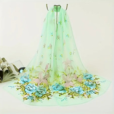 Women Lime Green Chiffon Floral Print Long Neck Shawl Scarf. Size 20" x 59/60".