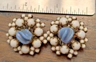 VINTAGE Lovely Signed HOBE Clip Earrings, Milk Glass Beads with Blue Bead (Y)