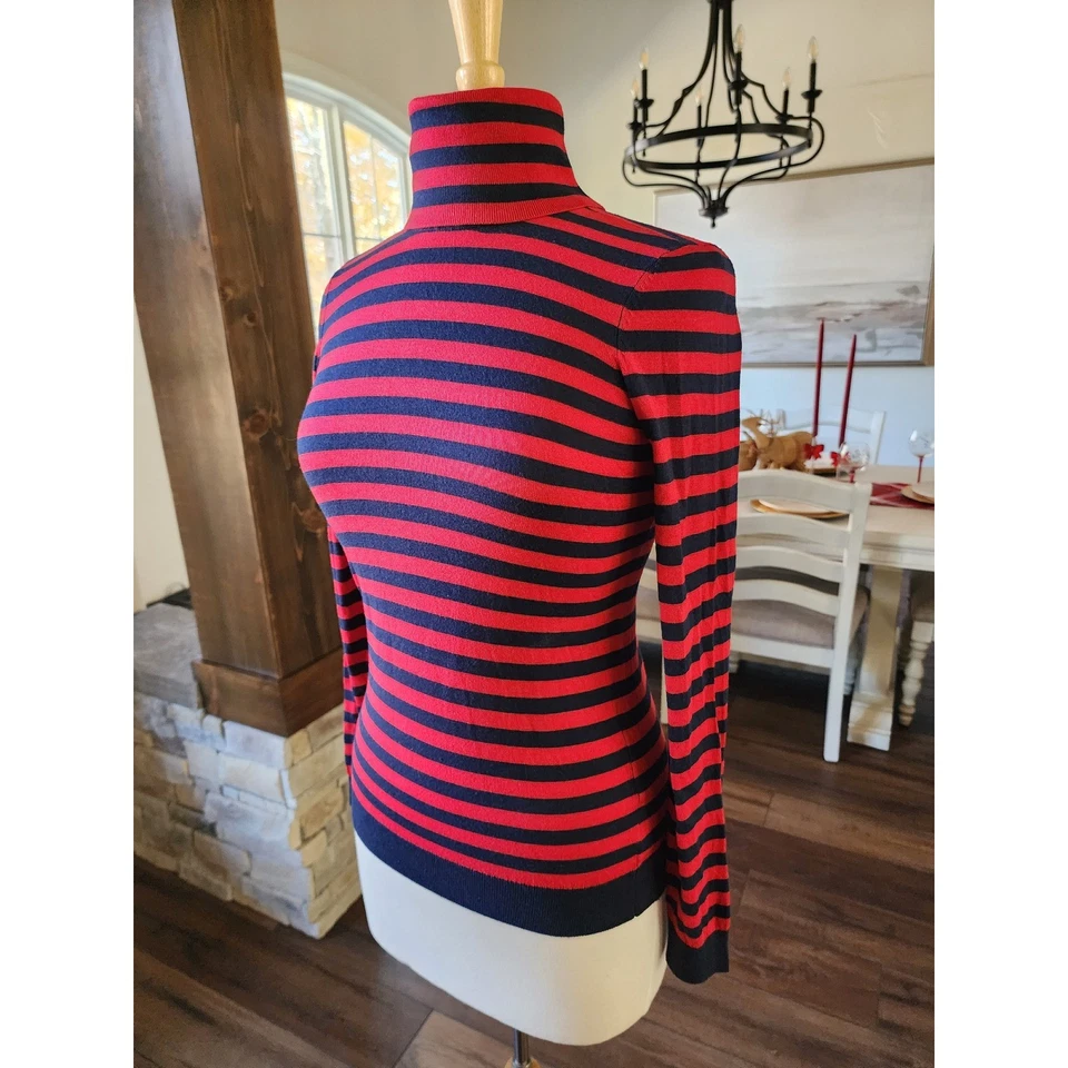 Suéter Lauren Ralph Lauren Rojo Azul Marino Mezcla Seda Rayas Cuello Alto Mujer Talla S Foto 3 de 4