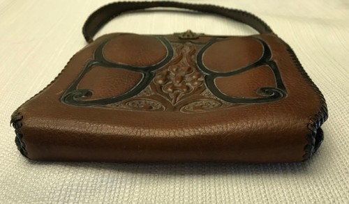 Vintage edwardianische Handtasche Tasche verziertes Leder Jugendstil geflochtener Rand Drehlok - Bild 6 von 24